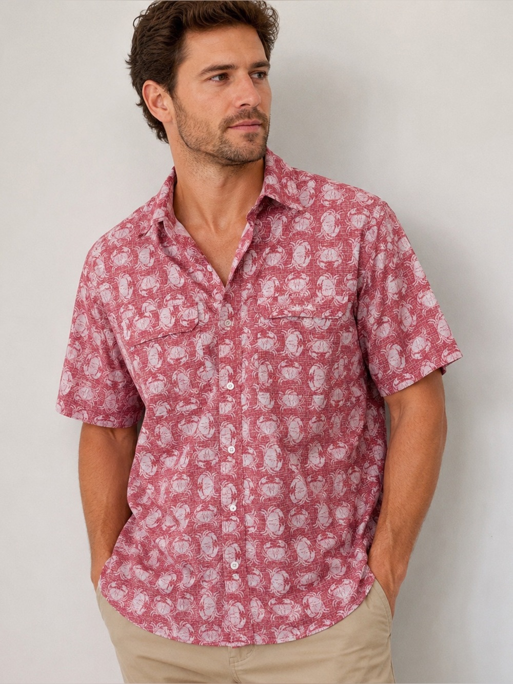 IZOD Red Crab Patterned Short-Sleeve Button-Up Shirt Mens S